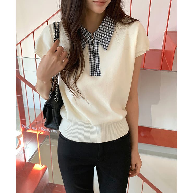 【チェック襟×ハーフジップ】 ポロシャツ サマーニット | COCOMOMO | 詳細画像2 