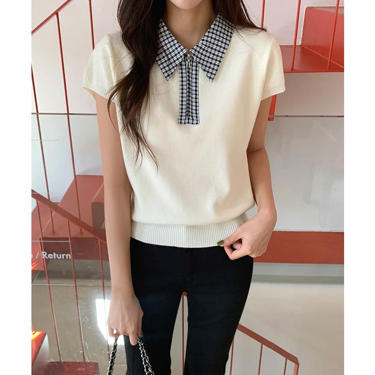 【チェック襟×ハーフジップ】 ポロシャツ サマーニット | COCOMOMO | 詳細画像5 