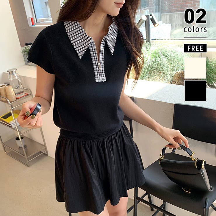 ブラック | 【チェック襟×ハーフジップ】 ポロシャツ サマーニット | COCOMOMO