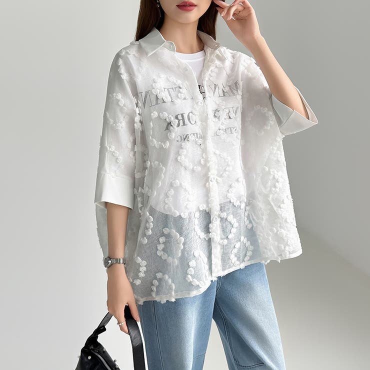 ぽこぽこカットジャガードシャツ シアーシャツ オーバーサイズ | COCOMOMO | 詳細画像10 