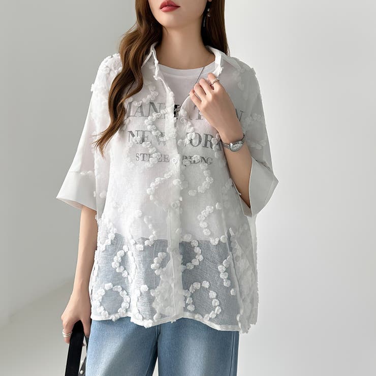 ぽこぽこカットジャガードシャツ シアーシャツ オーバーサイズ | COCOMOMO | 詳細画像11 