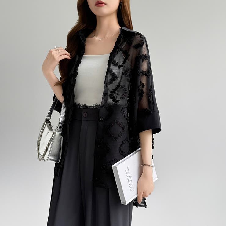 ぽこぽこカットジャガードシャツ シアーシャツ オーバーサイズ | COCOMOMO | 詳細画像15 