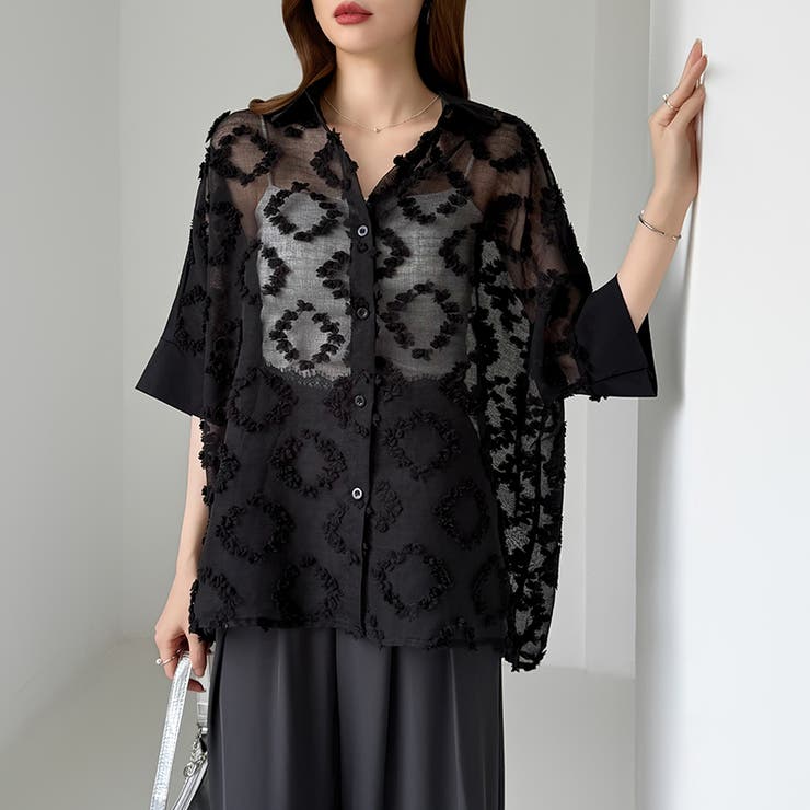 ぽこぽこカットジャガードシャツ シアーシャツ オーバーサイズ | COCOMOMO | 詳細画像21 