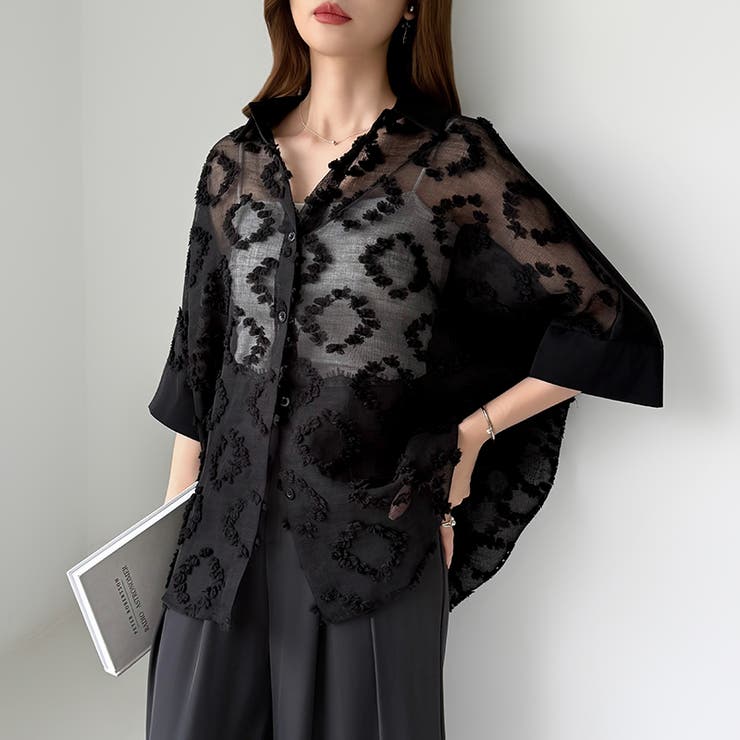 ぽこぽこカットジャガードシャツ シアーシャツ オーバーサイズ | COCOMOMO | 詳細画像22 