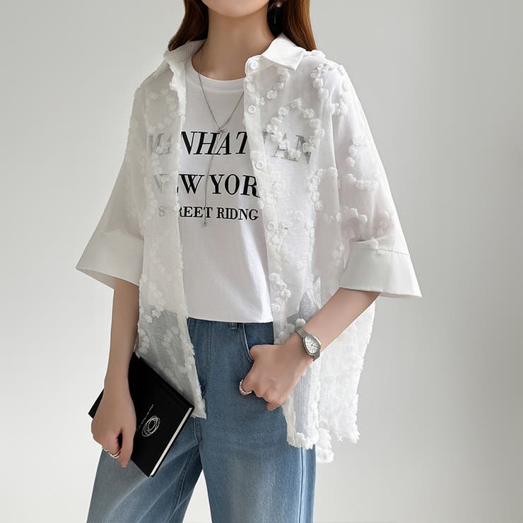 ぽこぽこカットジャガードシャツ シアーシャツ オーバーサイズ | COCOMOMO | 詳細画像3 