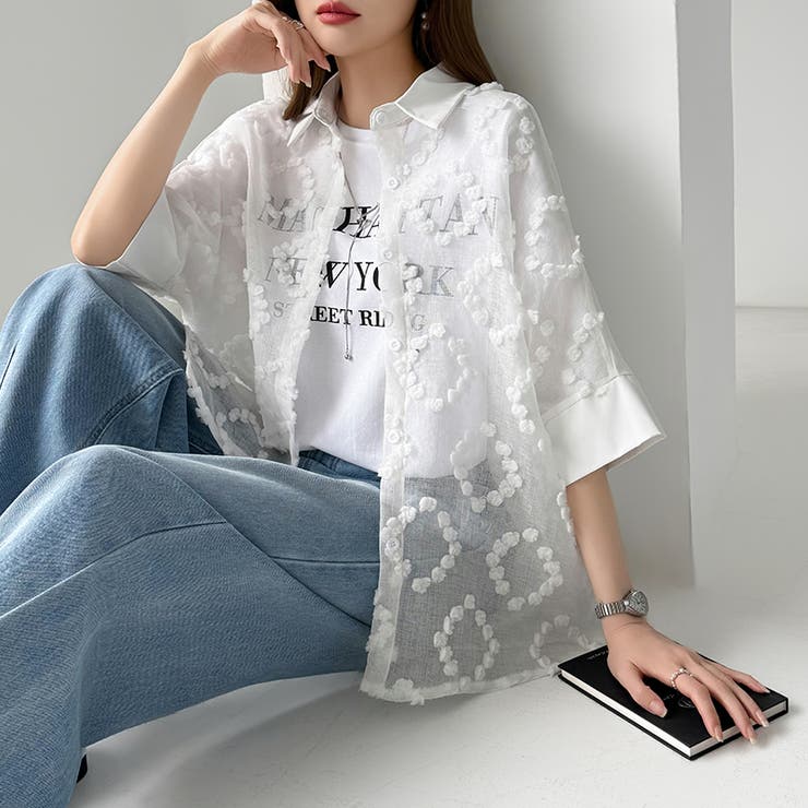 ぽこぽこカットジャガードシャツ シアーシャツ オーバーサイズ | COCOMOMO | 詳細画像6 