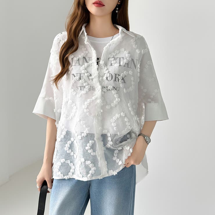 ぽこぽこカットジャガードシャツ シアーシャツ オーバーサイズ | COCOMOMO | 詳細画像9 