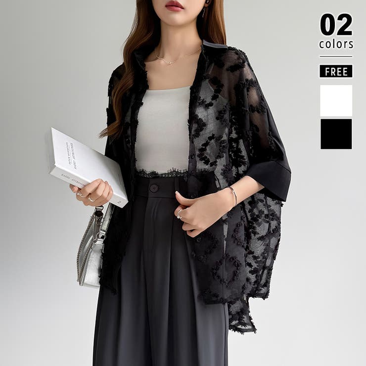 ブラック | ぽこぽこカットジャガードシャツ シアーシャツ オーバーサイズ | COCOMOMO