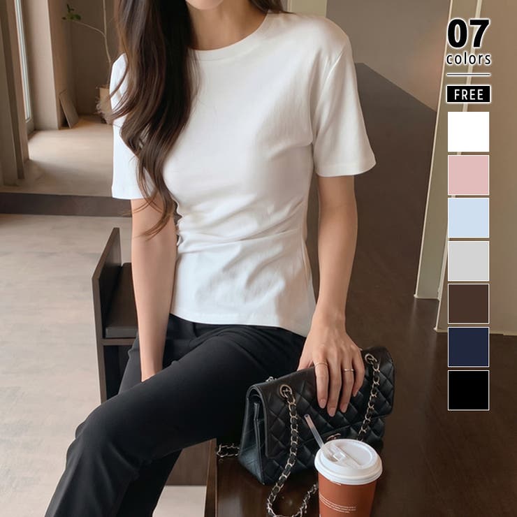 ホワイト | くびれ見えウエストギャザーTシャツ ギャザーTシャツ Tシャツ | COCOMOMO