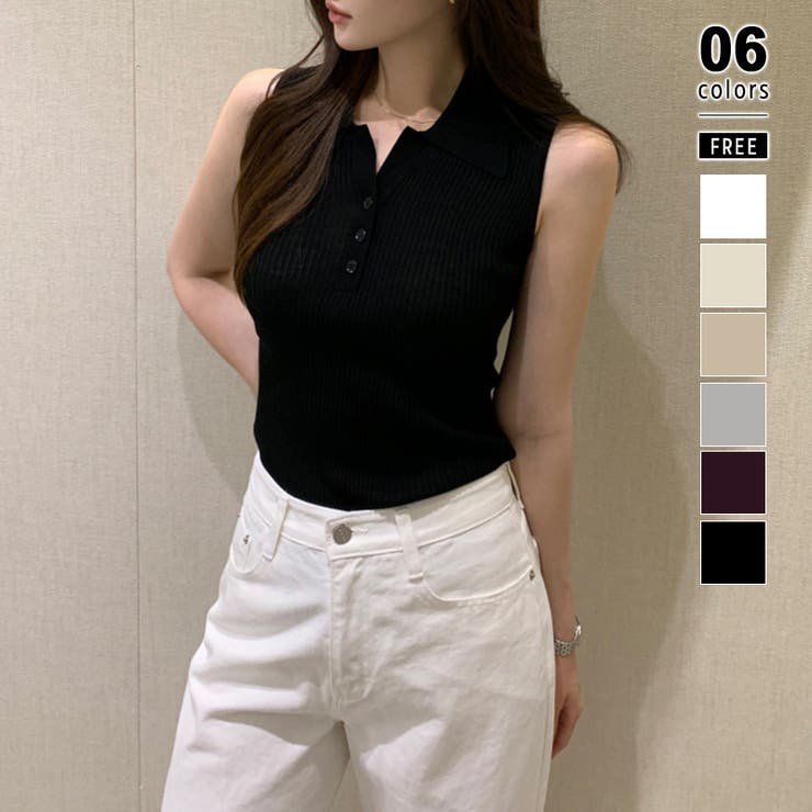 ブラック | 【1枚で大人っぽく決まる】 襟付きノースリーブポロニット ポロニット | COCOMOMO
