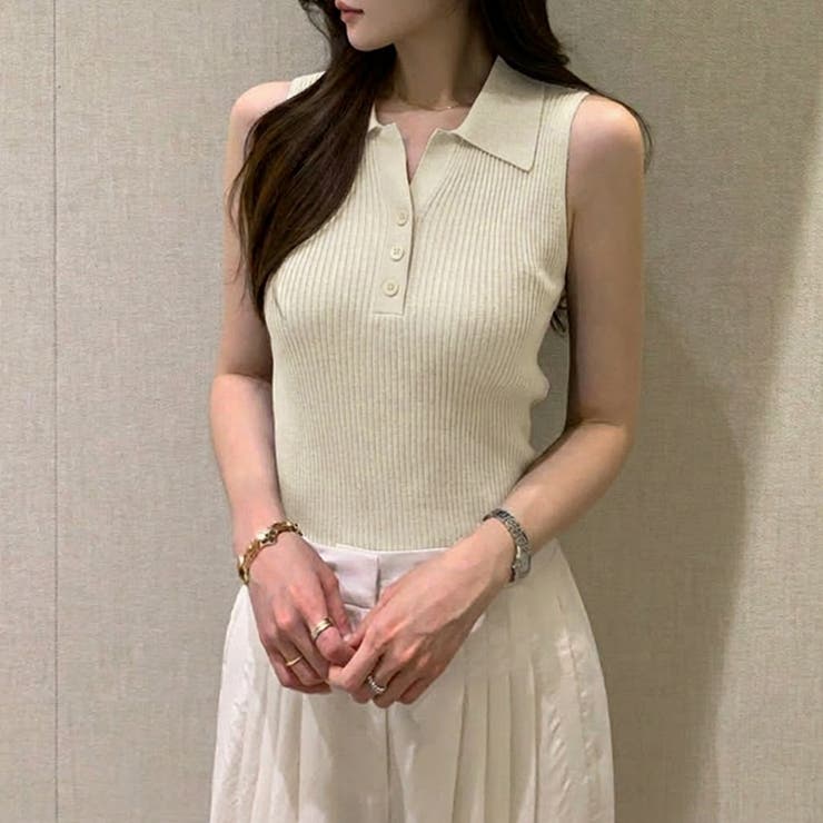 【1枚で大人っぽく決まる】 襟付きノースリーブポロニット ポロニット | COCOMOMO | 詳細画像19 