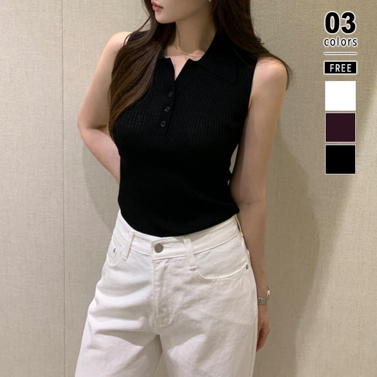 ブラック | 【1枚で大人っぽく決まる】 襟付きノースリーブポロニット ポロニット | COCOMOMO
