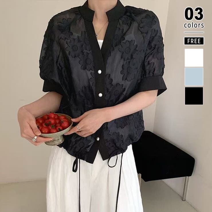 ブラック | 【儚げな透け感×立体フラワー】 フフラワージャガードブラウス シアーブラウス | COCOMOMO