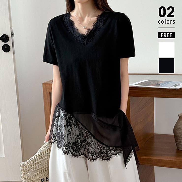 ブラック | 一枚で主役級の存在感。 裾レースカットソー Tシャツ | COCOMOMO