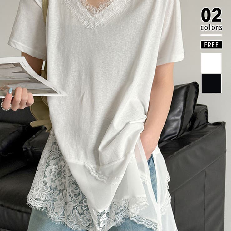 ホワイト | 一枚で主役級の存在感。 裾レースカットソー Tシャツ | COCOMOMO