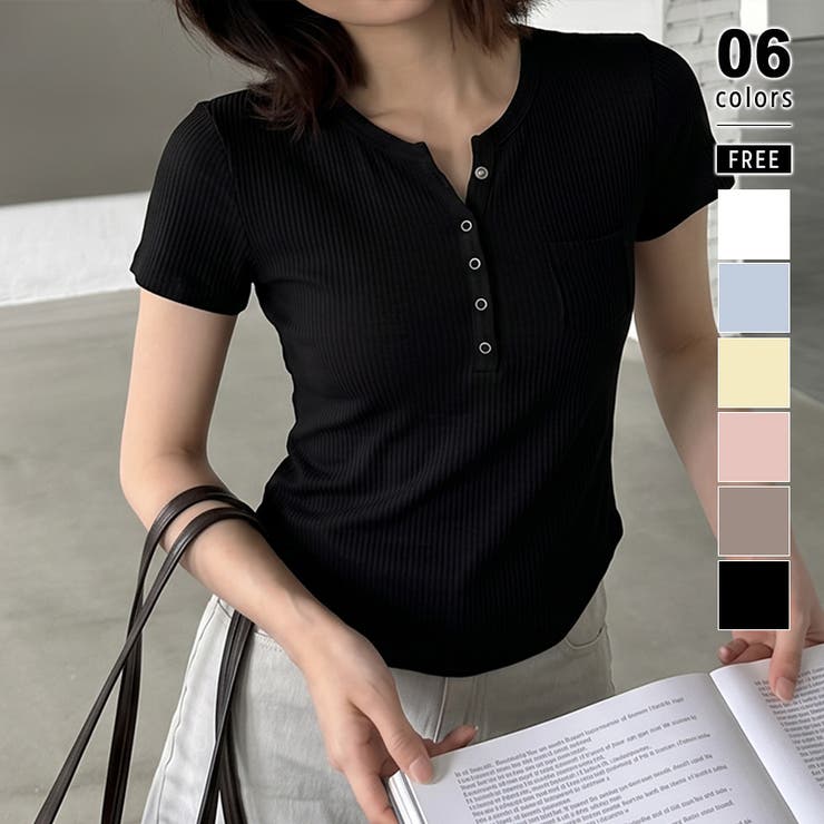 ブラック | ヘンリーネックTシャツ リブTシャツ ヘンリーネック | COCOMOMO