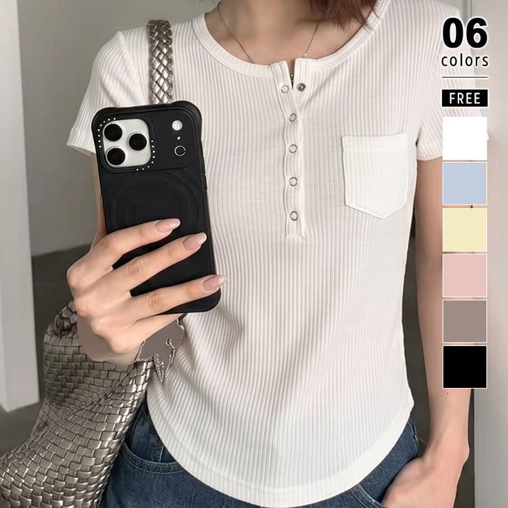 ホワイト | ヘンリーネックTシャツ リブTシャツ ヘンリーネック | COCOMOMO