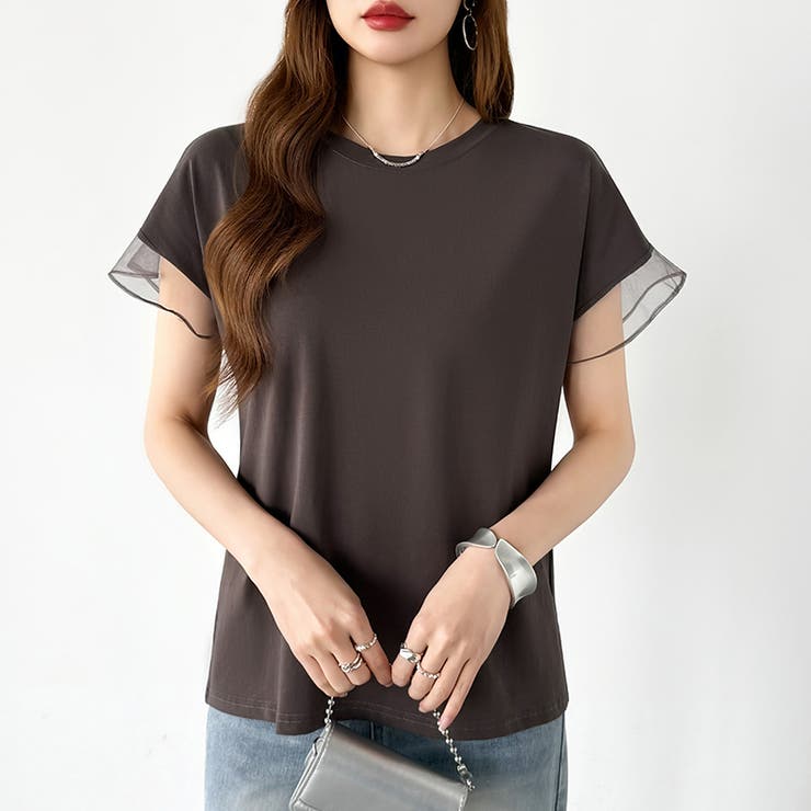 【透け感で差をつける】 袖シアーコットンTシャツ 袖チュールトップス | COCOMOMO | 詳細画像15 