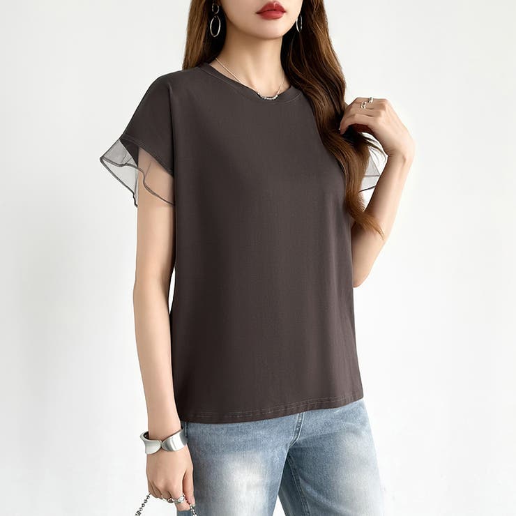 【透け感で差をつける】 袖シアーコットンTシャツ 袖チュールトップス | COCOMOMO | 詳細画像16 
