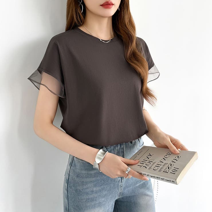 【透け感で差をつける】 袖シアーコットンTシャツ 袖チュールトップス | COCOMOMO | 詳細画像19 