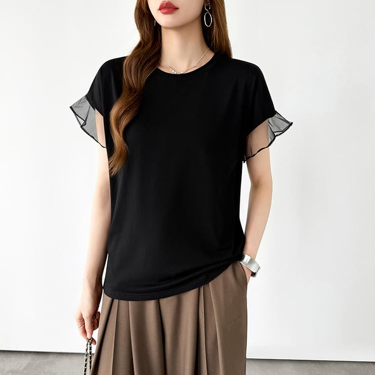 【透け感で差をつける】 袖シアーコットンTシャツ 袖チュールトップス | COCOMOMO | 詳細画像22 