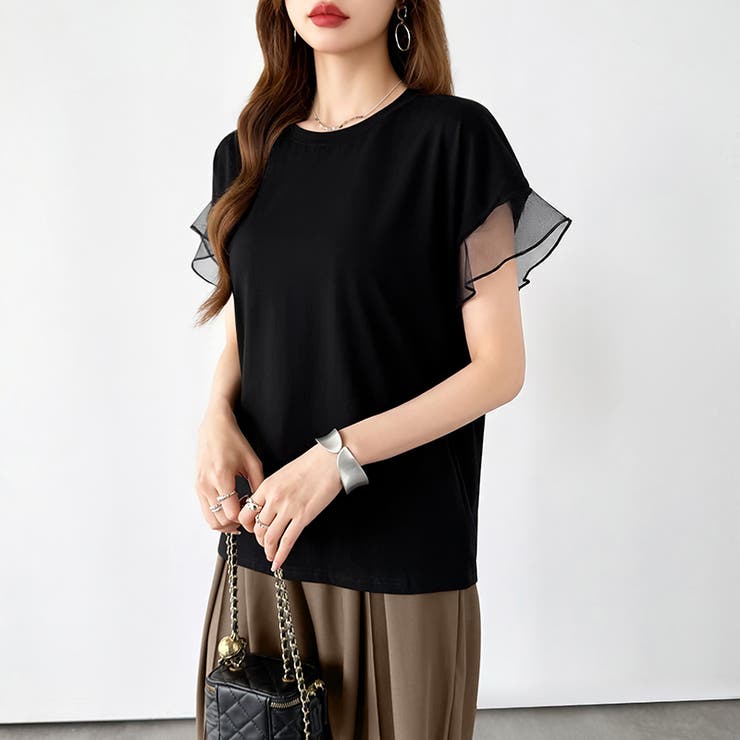 【透け感で差をつける】 袖シアーコットンTシャツ 袖チュールトップス | COCOMOMO | 詳細画像23 