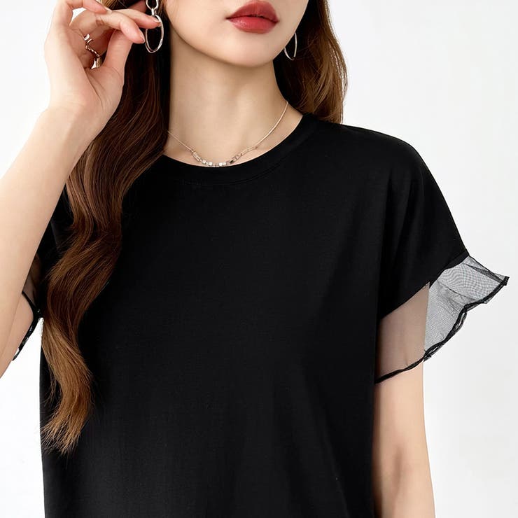 【透け感で差をつける】 袖シアーコットンTシャツ 袖チュールトップス | COCOMOMO | 詳細画像26 