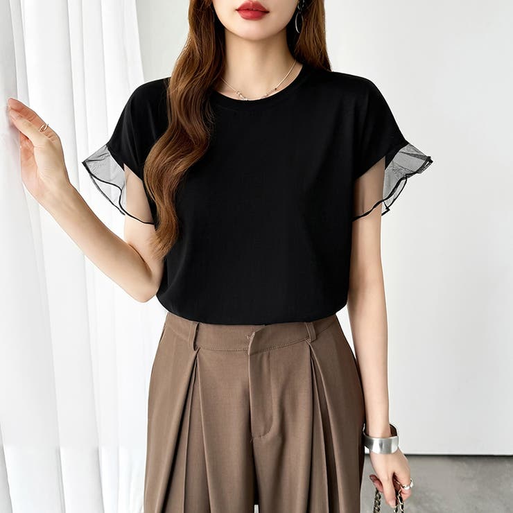 【透け感で差をつける】 袖シアーコットンTシャツ 袖チュールトップス | COCOMOMO | 詳細画像31 