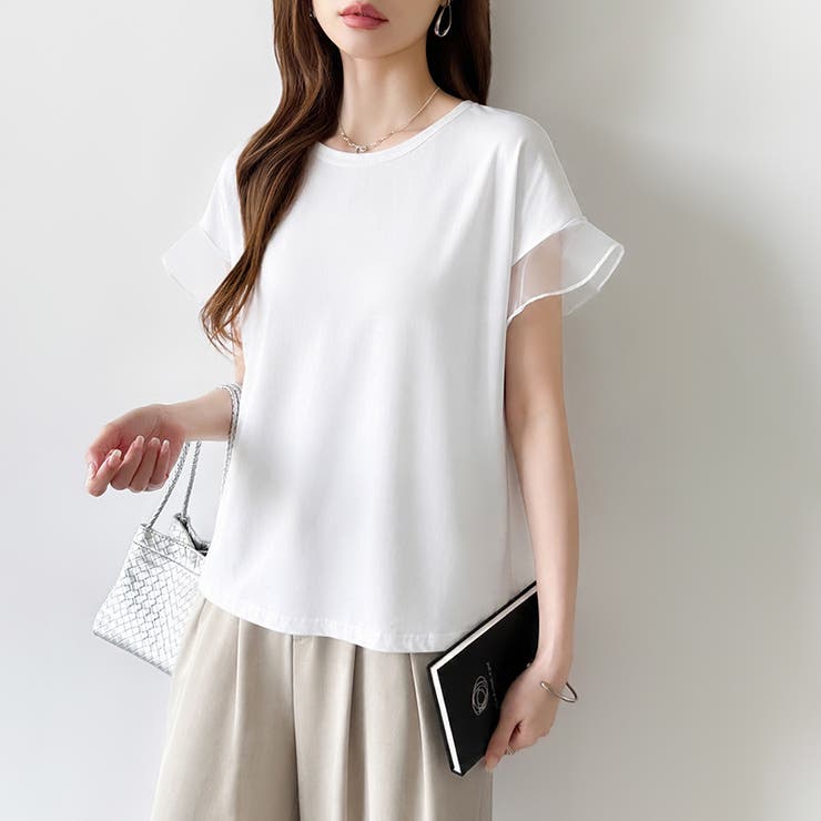 【透け感で差をつける】 袖シアーコットンTシャツ 袖チュールトップス | COCOMOMO | 詳細画像5 