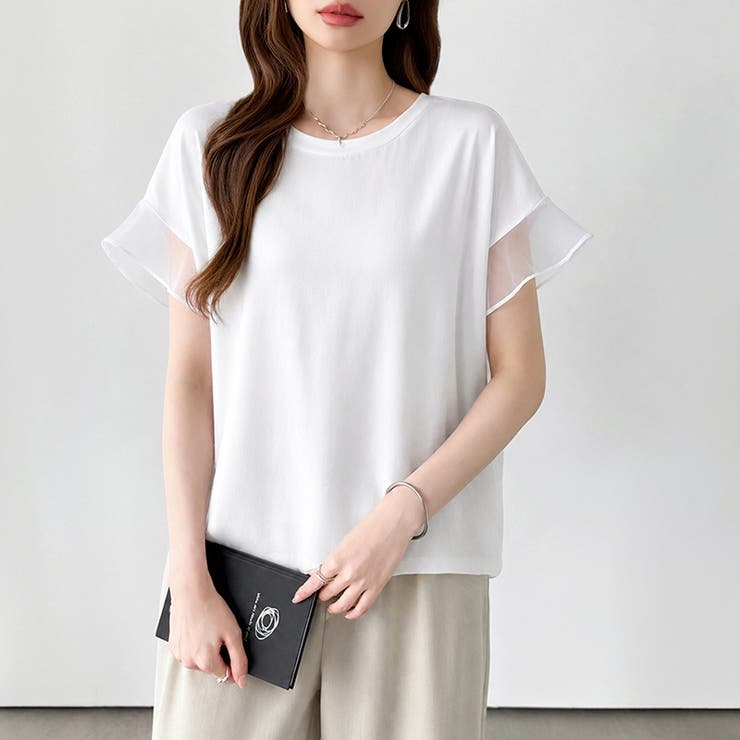 【透け感で差をつける】 袖シアーコットンTシャツ 袖チュールトップス | COCOMOMO | 詳細画像6 