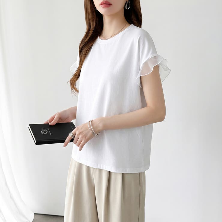 【透け感で差をつける】 袖シアーコットンTシャツ 袖チュールトップス | COCOMOMO | 詳細画像7 
