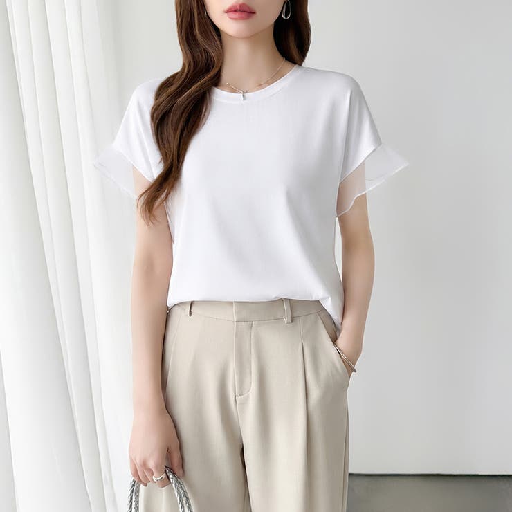 【透け感で差をつける】 袖シアーコットンTシャツ 袖チュールトップス | COCOMOMO | 詳細画像8 