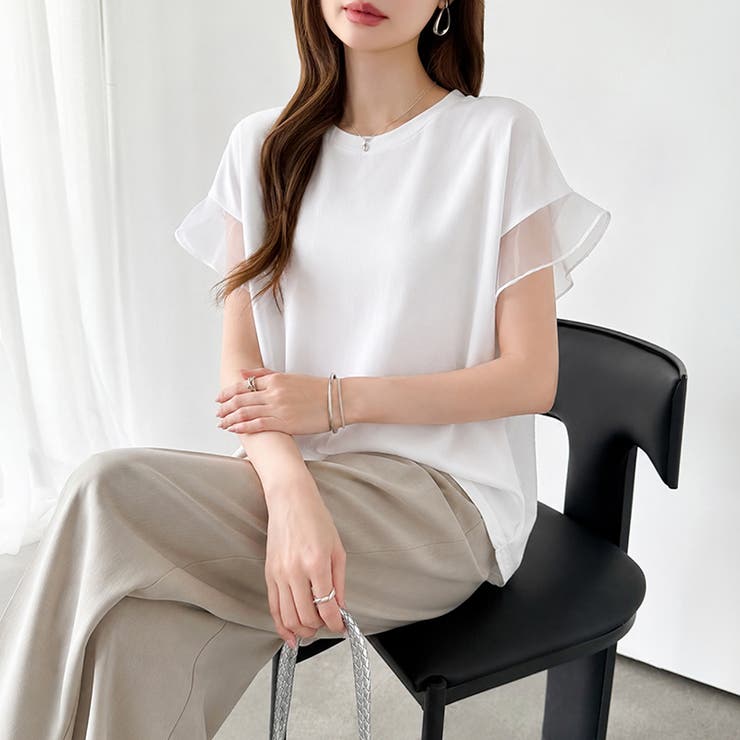 【透け感で差をつける】 袖シアーコットンTシャツ 袖チュールトップス | COCOMOMO | 詳細画像9 