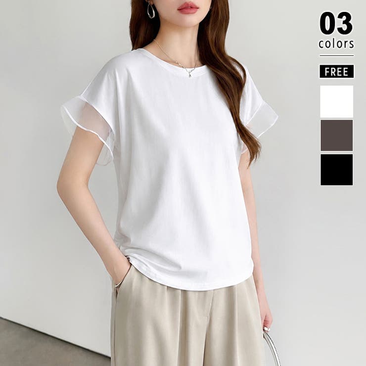 ホワイト | 【透け感で差をつける】 袖シアーコットンTシャツ 袖チュールトップス | COCOMOMO