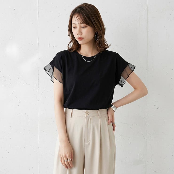 【透け感で差をつける】 袖シアーコットンTシャツ 袖チュールトップス | COCOMOMO | 詳細画像24 