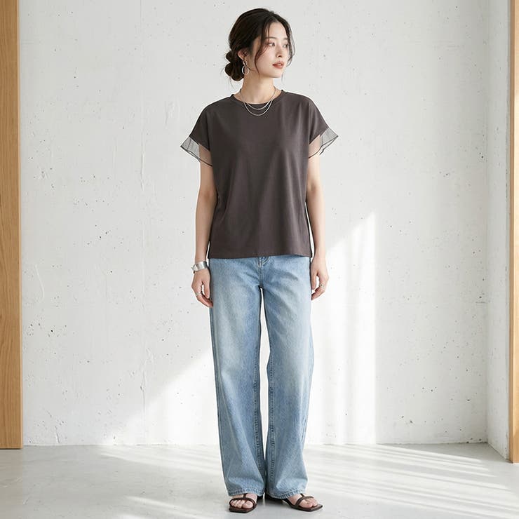【透け感で差をつける】 袖シアーコットンTシャツ 袖チュールトップス | COCOMOMO | 詳細画像12 