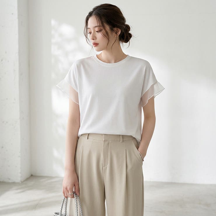 【透け感で差をつける】 袖シアーコットンTシャツ 袖チュールトップス | COCOMOMO | 詳細画像2 