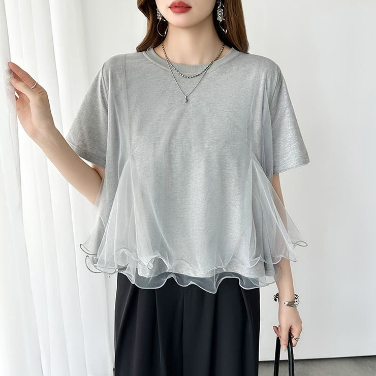 Tシャツなのにブラウス級 チュールドッキングTシャツ フリルトップス | COCOMOMO | 詳細画像9 