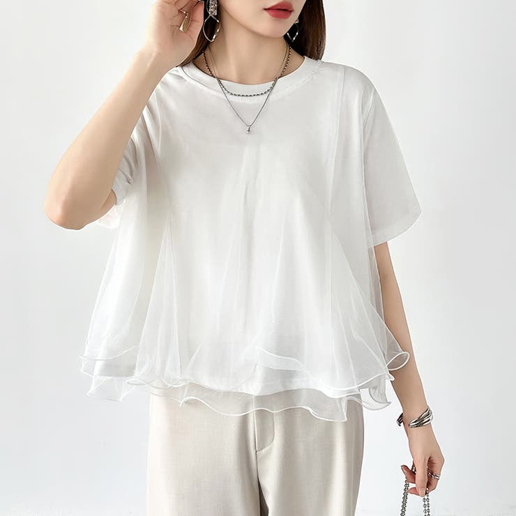 Tシャツなのにブラウス級 チュールドッキングTシャツ フリルトップス | COCOMOMO | 詳細画像11 