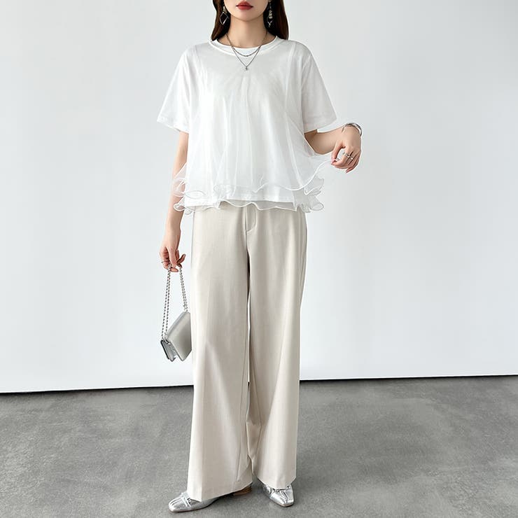 Tシャツなのにブラウス級 チュールドッキングTシャツ フリルトップス | COCOMOMO | 詳細画像13 