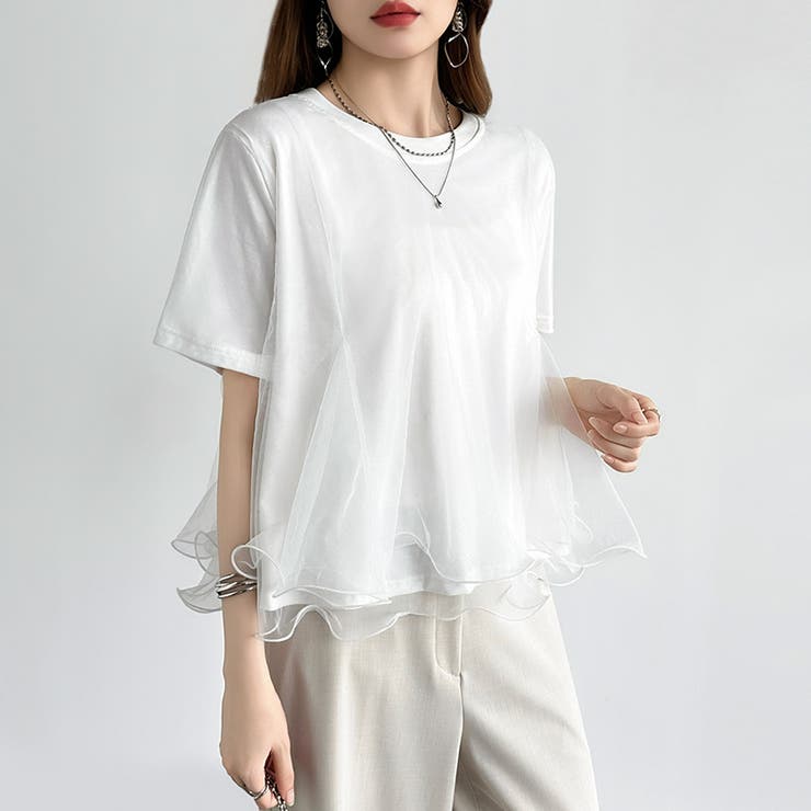 Tシャツなのにブラウス級 チュールドッキングTシャツ フリルトップス | COCOMOMO | 詳細画像15 
