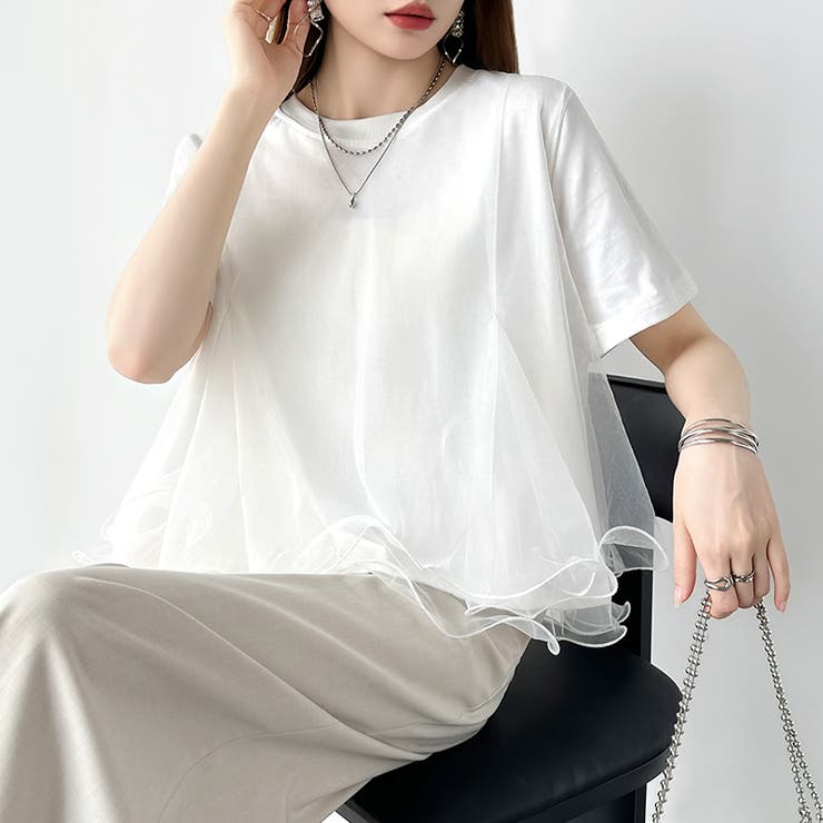 Tシャツなのにブラウス級 チュールドッキングTシャツ フリルトップス | COCOMOMO | 詳細画像18 