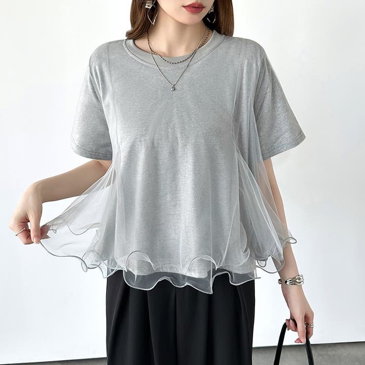 Tシャツなのにブラウス級 チュールドッキングTシャツ フリルトップス | COCOMOMO | 詳細画像1 