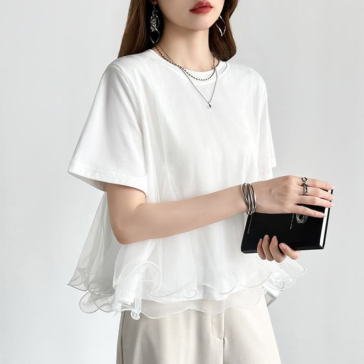 Tシャツなのにブラウス級 チュールドッキングTシャツ フリルトップス | COCOMOMO | 詳細画像19 