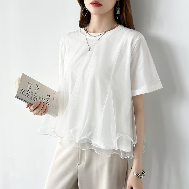 Tシャツなのにブラウス級 チュールドッキングTシャツ フリルトップス | COCOMOMO | 詳細画像20 