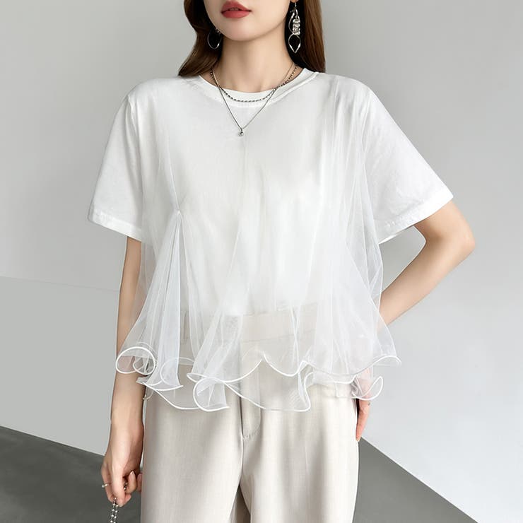 Tシャツなのにブラウス級 チュールドッキングTシャツ フリルトップス | COCOMOMO | 詳細画像21 