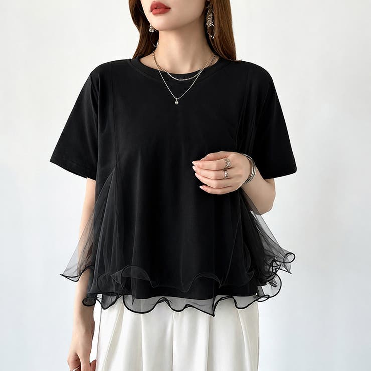 Tシャツなのにブラウス級 チュールドッキングTシャツ フリルトップス | COCOMOMO | 詳細画像22 