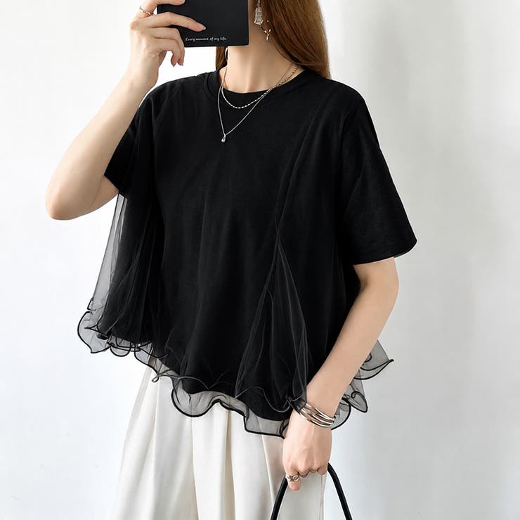 Tシャツなのにブラウス級 チュールドッキングTシャツ フリルトップス | COCOMOMO | 詳細画像23 