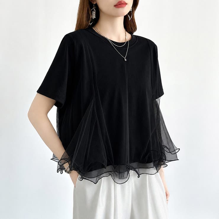 Tシャツなのにブラウス級 チュールドッキングTシャツ フリルトップス | COCOMOMO | 詳細画像24 