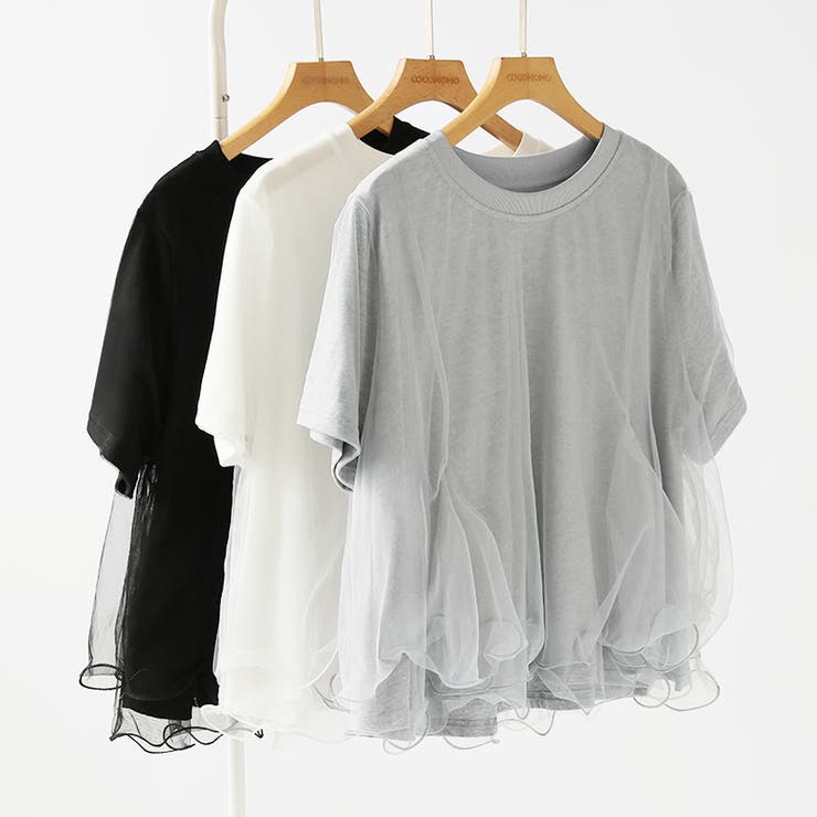 Tシャツなのにブラウス級 チュールドッキングTシャツ フリルトップス | COCOMOMO | 詳細画像25 
